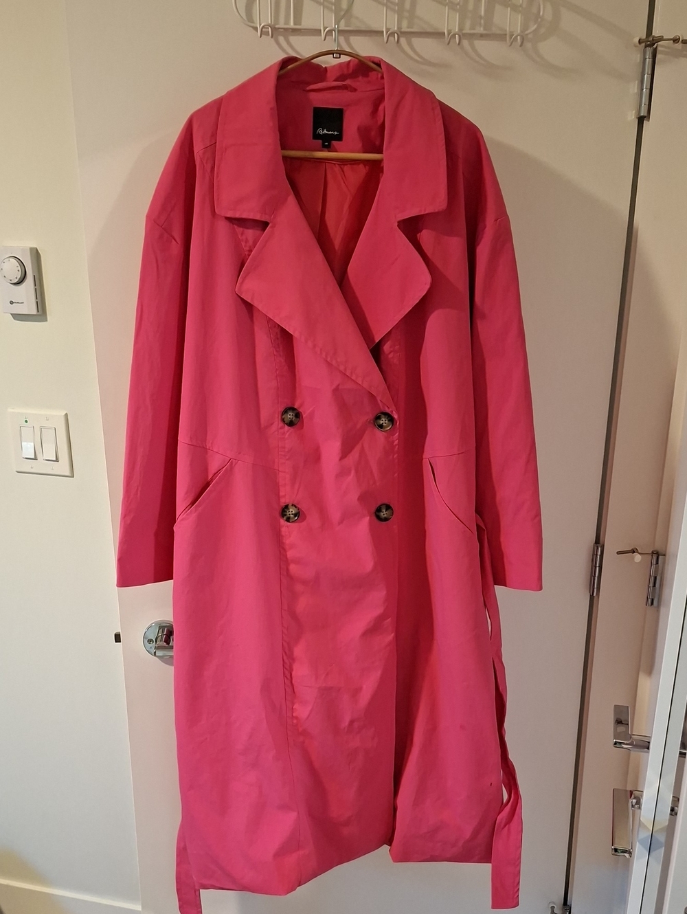 Oversized Hot Pink/Fuchsia Nylon Double-breasted Belted Trench Coat (Size 2XL)